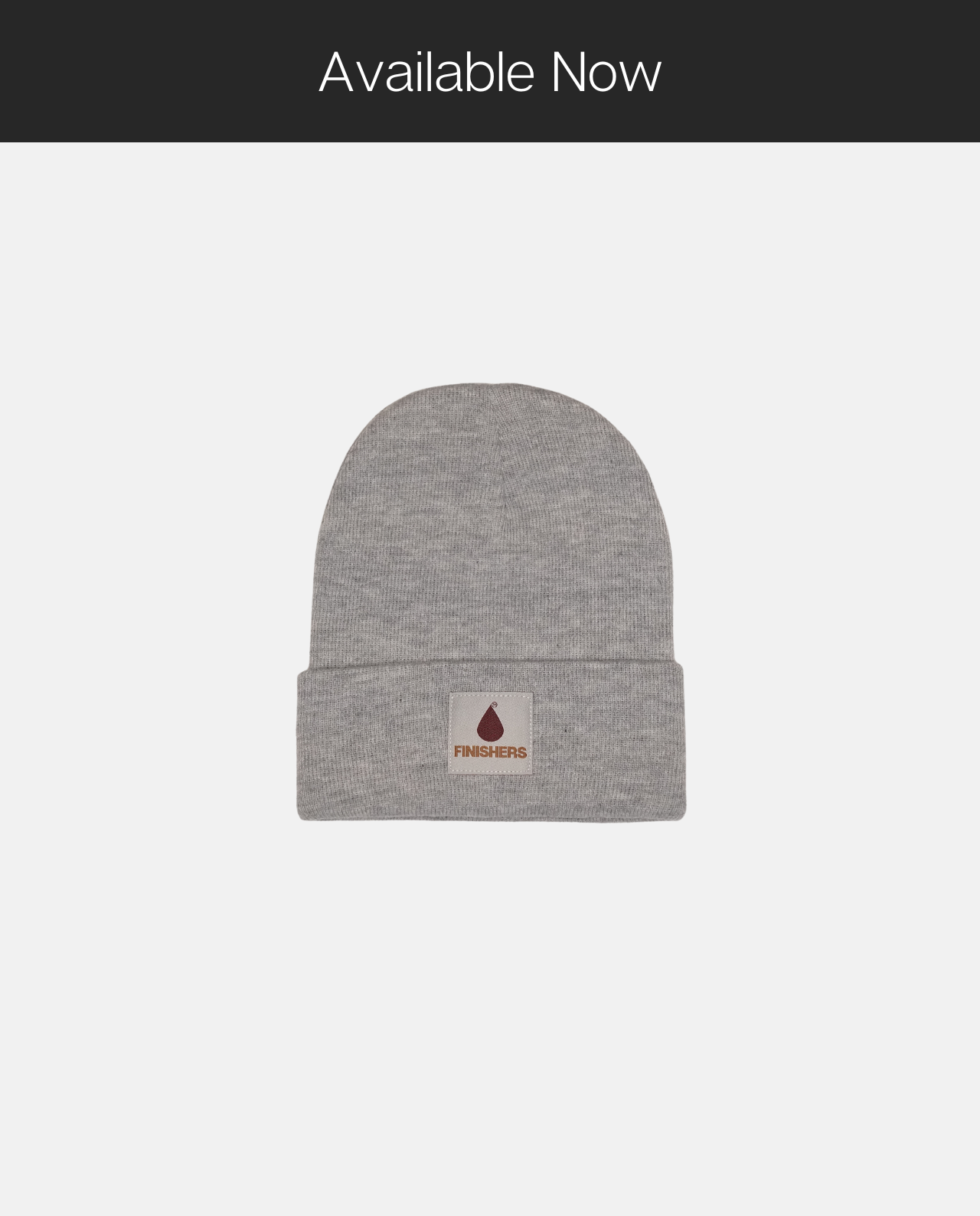 An image of a heather grey colored knit beanie with the Finishers Calvary Drop logo embroidered on a woven patch.